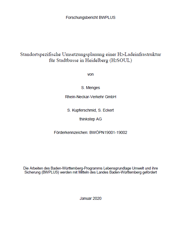 Bild der Titelseite der Publikation: Standortspezifische Umsetzung einer H2-Ladeinfrastruktur für Stadtbusse in Heidelberg