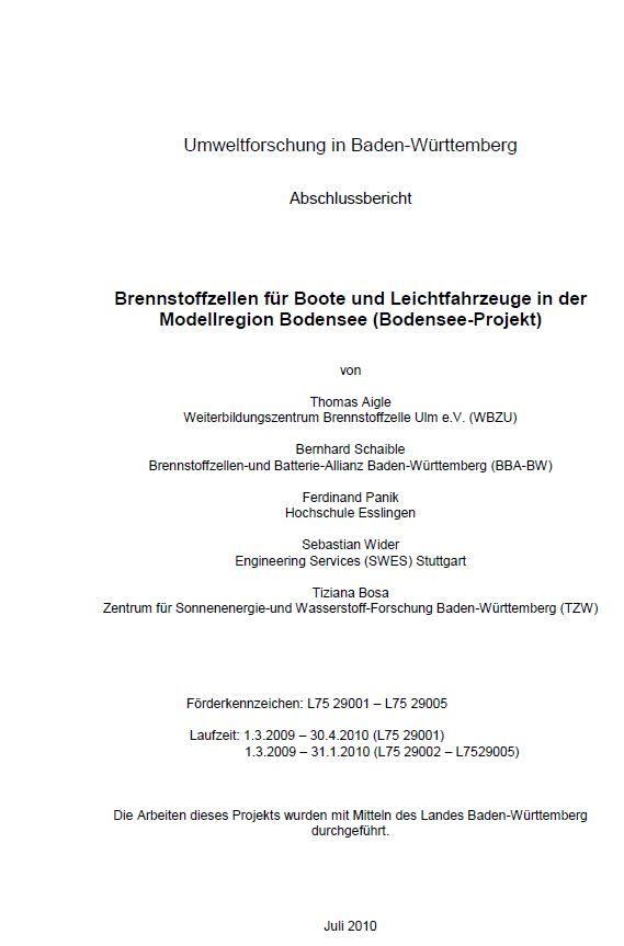 Bild der Titelseite der Publikation: Brennstoffzellen für Boote und Leichtfahrzeuge in der Modellregion Bodensee (Bodensee-Projekt)