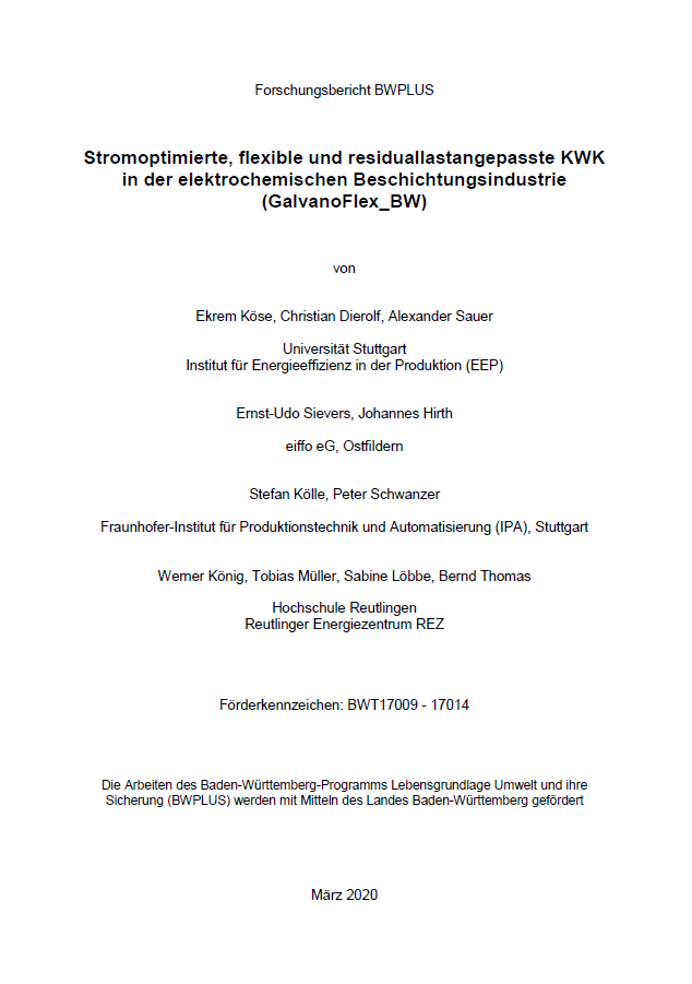 Bild der Titelseite der Publikation: Stromoptimierte, flexible und residuallastangepasste KWK in der elektrochemischen Beschichtungsindustrie