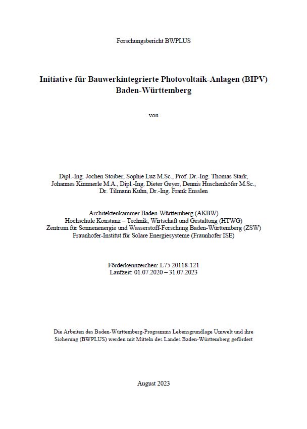 Bild der Titelseite der Publikation: Initiative für Bauwerkintegrierte Photovoltaik-Anlagen (BIPV) Baden-Württemberg